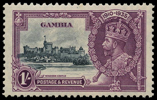 GAMBIA 1935  SG146b Mint Silver Jubilee 1s slate and purple variety Short extra flagstaff
