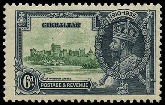 GIBRALTAR 1935  SG116c Mint Silver Jubilee 6d green and indigo variety Lightning conductor