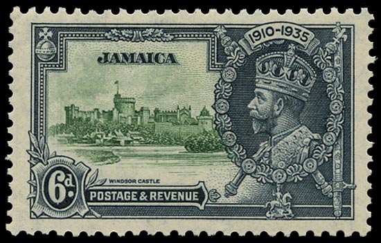 JAMAICA 1935  SG116c Mint Silver Jubilee 6d green and indigo variety Lightning conductor