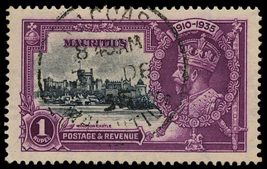 MAURITIUS 1935  SG248h Used Silver Jubilee 1s slate and purple variety Dot by flagstaff