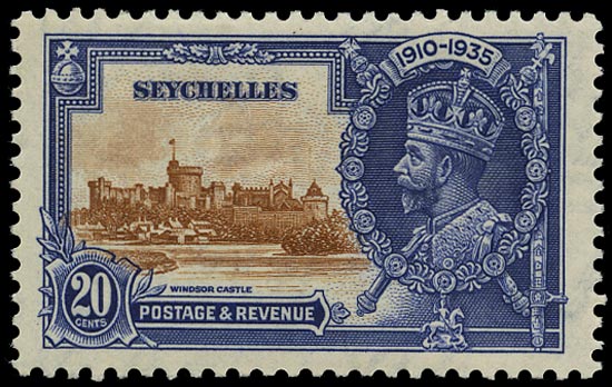 SEYCHELLES 1935  SG130d Mint Silver Jubilee 20c brown and deep blue variety Flagstaff on right-hand turret