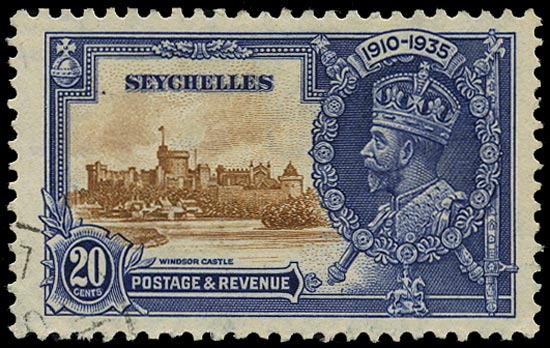 SEYCHELLES 1935  SG130a Used Silver Jubilee 20c brown and deep blue variety Extra flagstaff