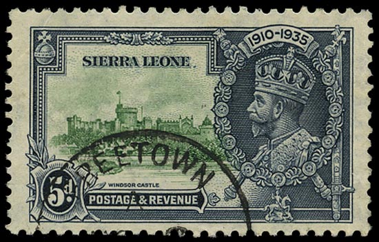 SIERRA LEONE 1935  SG183a Used Silver Jubilee 5d green and indigo variety Extra flagstaff