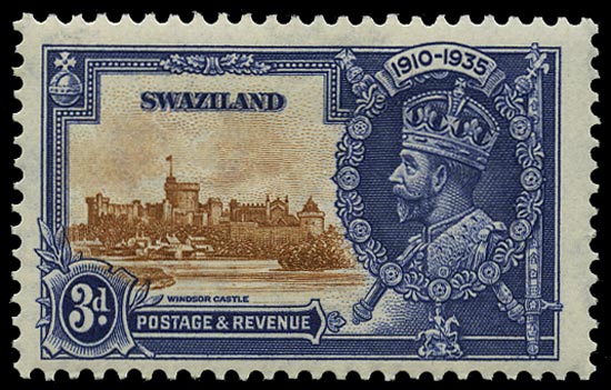 SWAZILAND 1935  SG23b Mint Silver Jubilee 3d brown and deep blue variety Short extra flagstaff