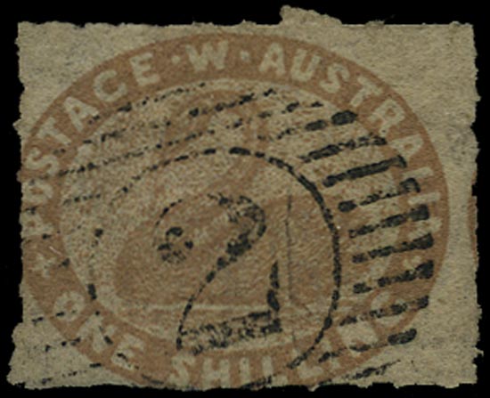 WESTERN AUSTRALIA 1854  SG6a Used 1s pale brown Swan rouletted 7half to 14