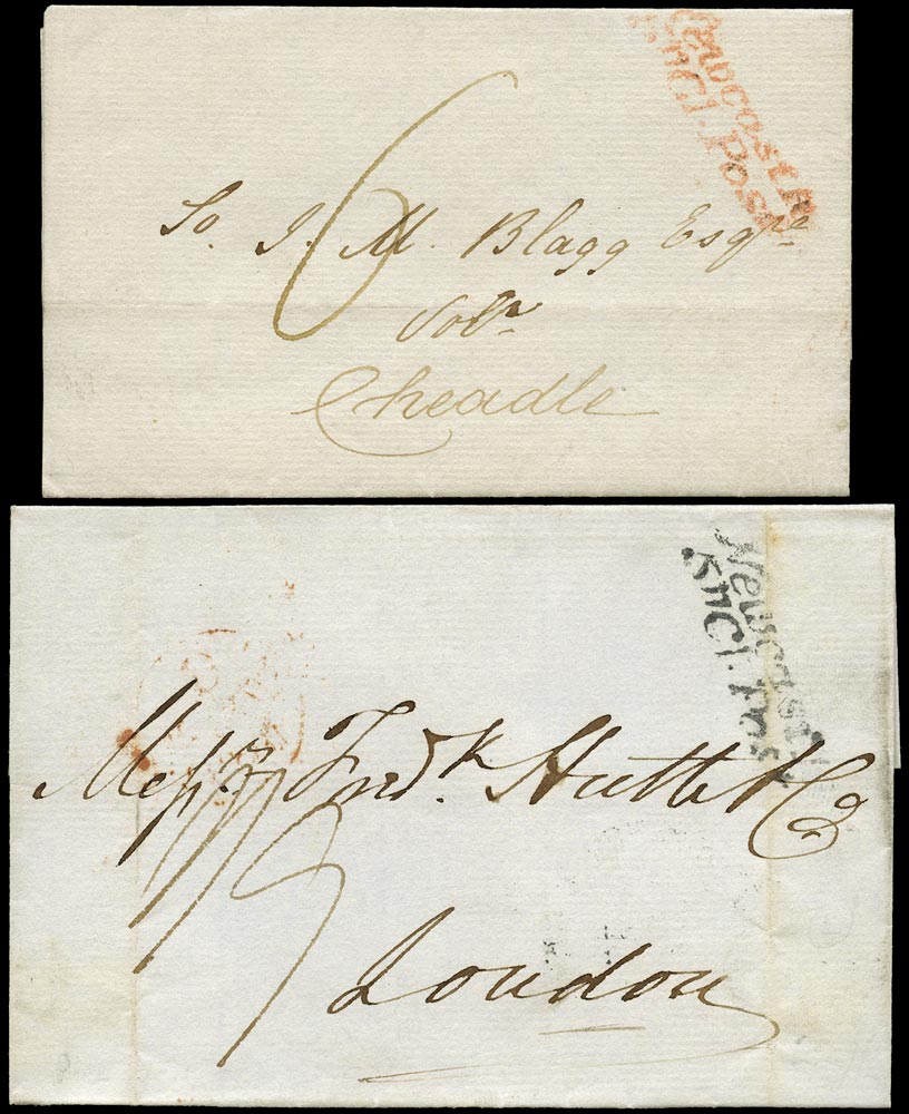GB 1838 Pre-Stamp - pair "Newcastle/5''Cl.POST" handstamps