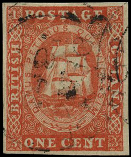 BRITISH GUIANA 1853  SG11 Used 1c vermilion Ship original printing without white line above value