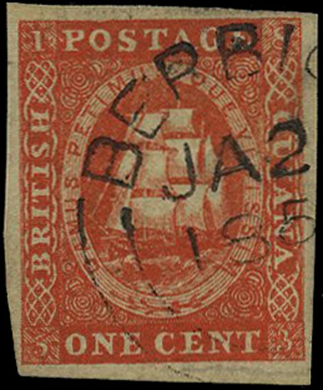 BRITISH GUIANA 1853  SG11 Used 1c vermilion Ship original printing without white line above value