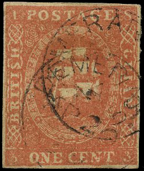 BRITISH GUIANA 1853  SG12 Used 1c dull red Ship fresh lithographic transfer type A