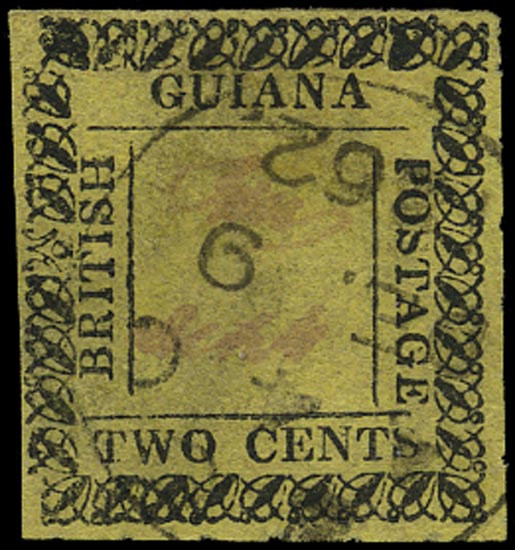 BRITISH GUIANA 1862  SG119b Used 2c yellow type 10 with variety Wrong ornament at left