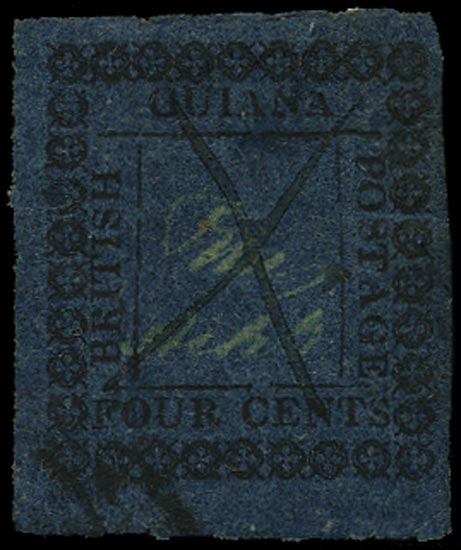 BRITISH GUIANA 1862  SG123b Used 4c blue type 14 with inner frame lines