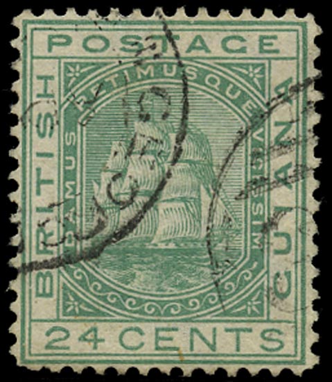 BRITISH GUIANA 1876  SG132w Used Ship 24c emerald-green variety watermark inverted