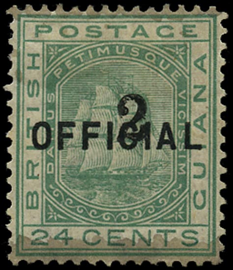BRITISH GUIANA 1881  SG158 Mint 2 on 24c emerald-green Ship with type 24 surcharge