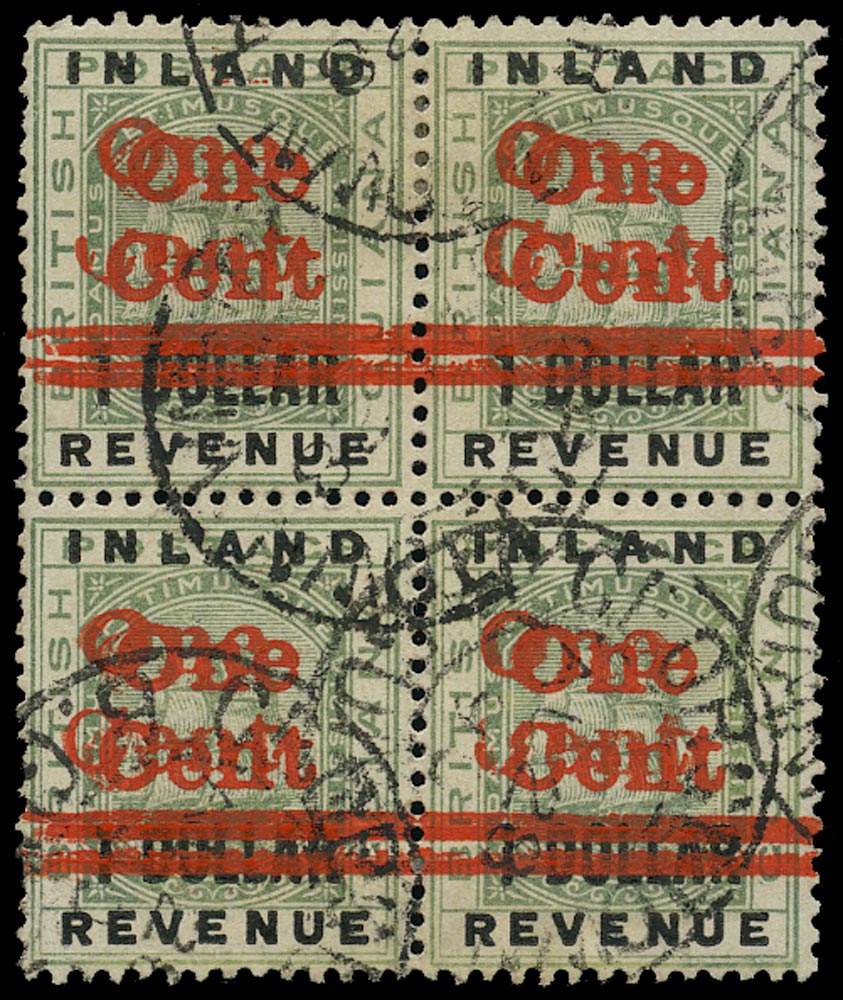 BRITISH GUIANA 1890  SG207a Used 1c on $1 green Ship error surcharge double