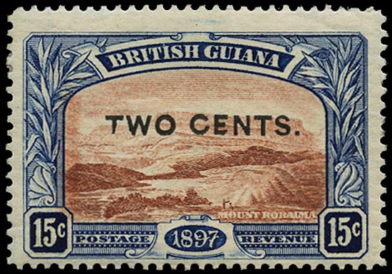 BRITISH GUIANA 1899  SG224f Mint 2c on 15c red-brown and blue Mount Roraima variety Shaved E