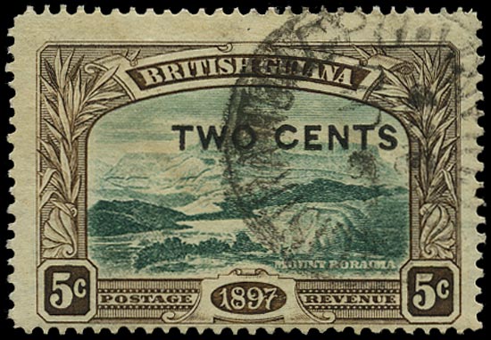 BRITISH GUIANA 1899  SG222a Used 2c on 5c deep green and sepia Mount Roraima variety No stop after 'CENTS'