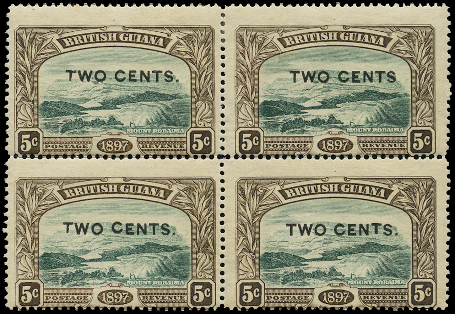 BRITISH GUIANA 1899  SG222a Mint 2c on 5c deep green and sepia variety No stop after CENTS