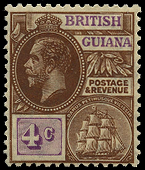 BRITISH GUIANA 1913  SG261aw Mint KGV 4c brown bright purple watermark MCA variety watermark inverted