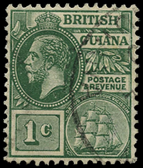 BRITISH GUIANA 1913  SG259ay Used KGV 1c blue-green watermark MCA variety watermark inverted and reversed