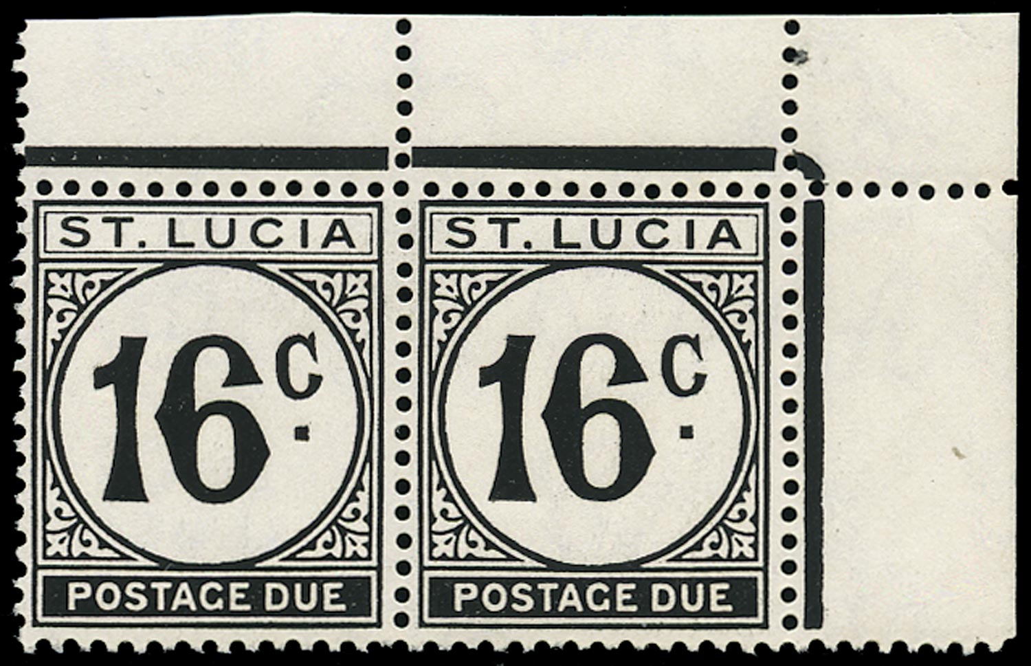 ST LUCIA 1952  SGD10ac Postage Due 16c black watermark error St Edward's Crown unmounted mint