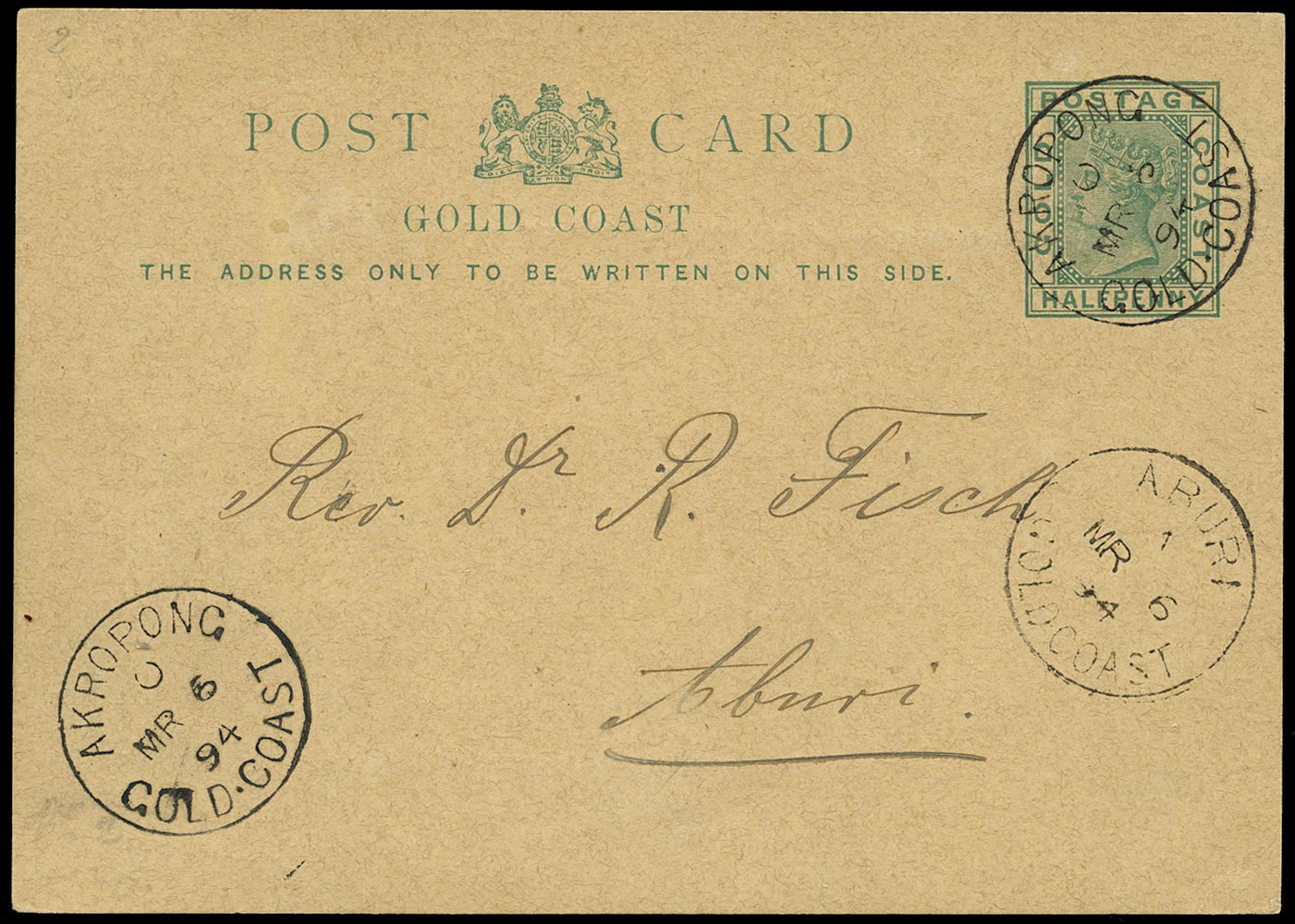 GOLD COAST 1894 Cover QV &frac12;d green postcard from Akropong to Aburi