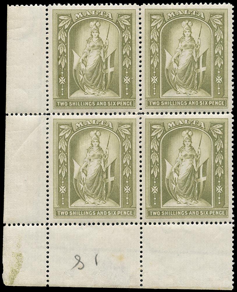 MALTA 1899  SG34 Mint 2s6d olive-grey watermark Crown CC