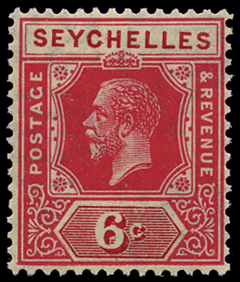 SEYCHELLES 1921  SG104w Mint unmounted KGV 6c carmine Script watermark variety watermark inverted
