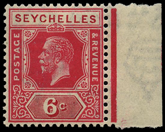 SEYCHELLES 1921  SG104w Mint unmounted KGV 6c carmine Script watermark variety watermark inverted