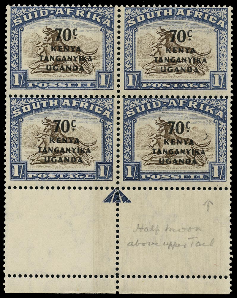 KUT 1942  SG154a Mint unmounted 70c on 1s brown and chalky blue with Crescent Moon flaw