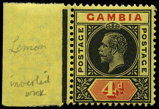 GAMBIA 1912  SG92w Mint unmounted 4d black and red watermark MCA variety watermark inverted