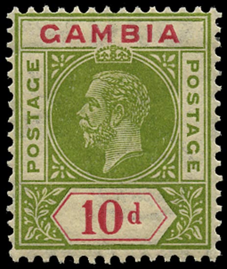 GAMBIA 1921  SG116x Mint 10d pale sage-green and carmine Script watermark reversed
