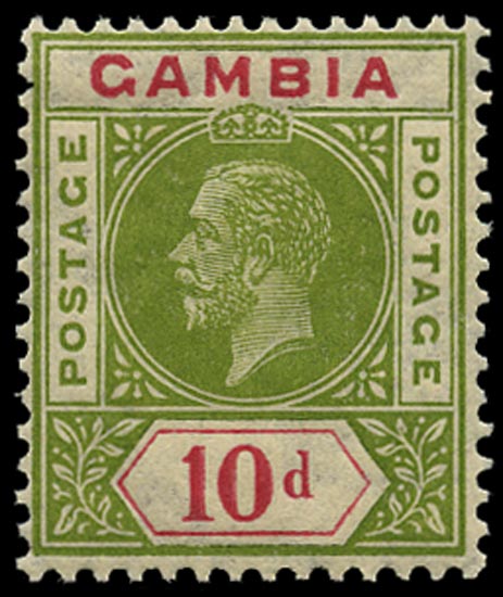 GAMBIA 1921  SG116x Mint 10d pale sage-green and carmine Script watermark reversed