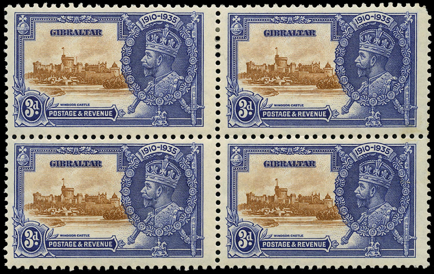 GIBRALTAR 1935  SG115a Mint Silver Jubilee 3d brown and deep blue variety Extra flagstaff