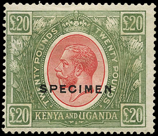 KUT 1922  SG101s Specimen KGV £20 red and green