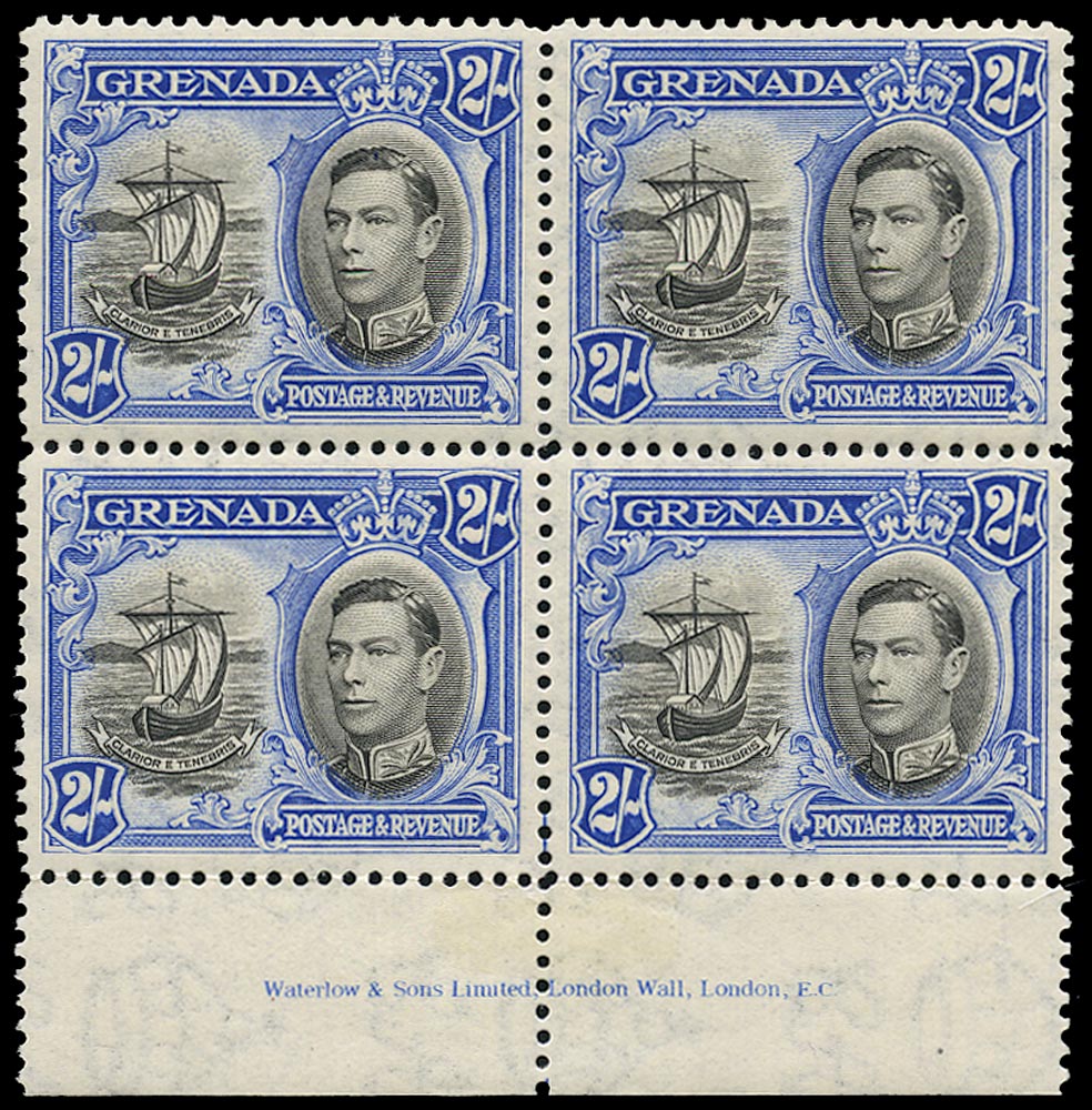 GRENADA 1938  SG161 Mint unmounted 2s black and ultramarine perf 12&frac12; imprint block