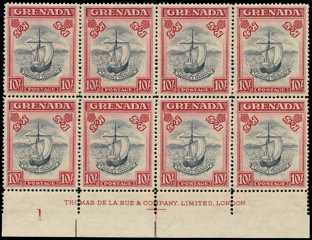 GRENADA 1938  SG163e Mint unmounted 10s blue-black and carmine perf 14 imprint and plate block