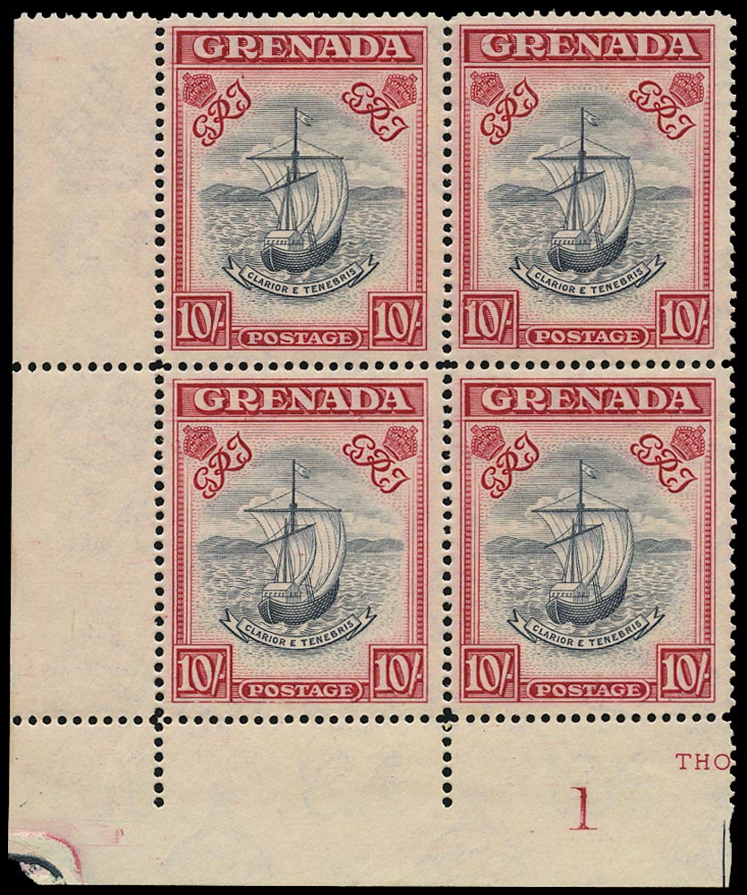 GRENADA 1938  SG163e Mint unmounted 10s blue-black and carmine perf 14 plate block