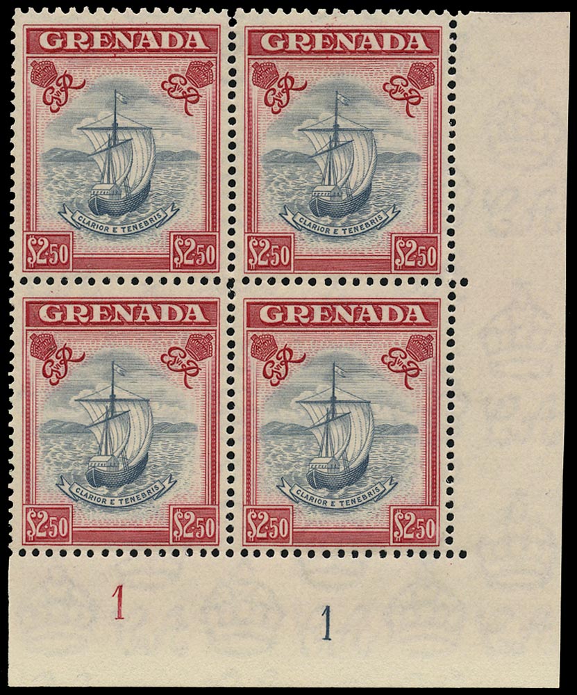 GRENADA 1951  SG184 Mint unmounted $2.50 slate-blue and carmine plate block of 4
