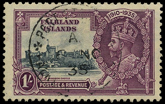 FALKLAND ISLANDS 1935  SG142a Used Silver Jubilee 1s slate and purple variety Extra flagstaff