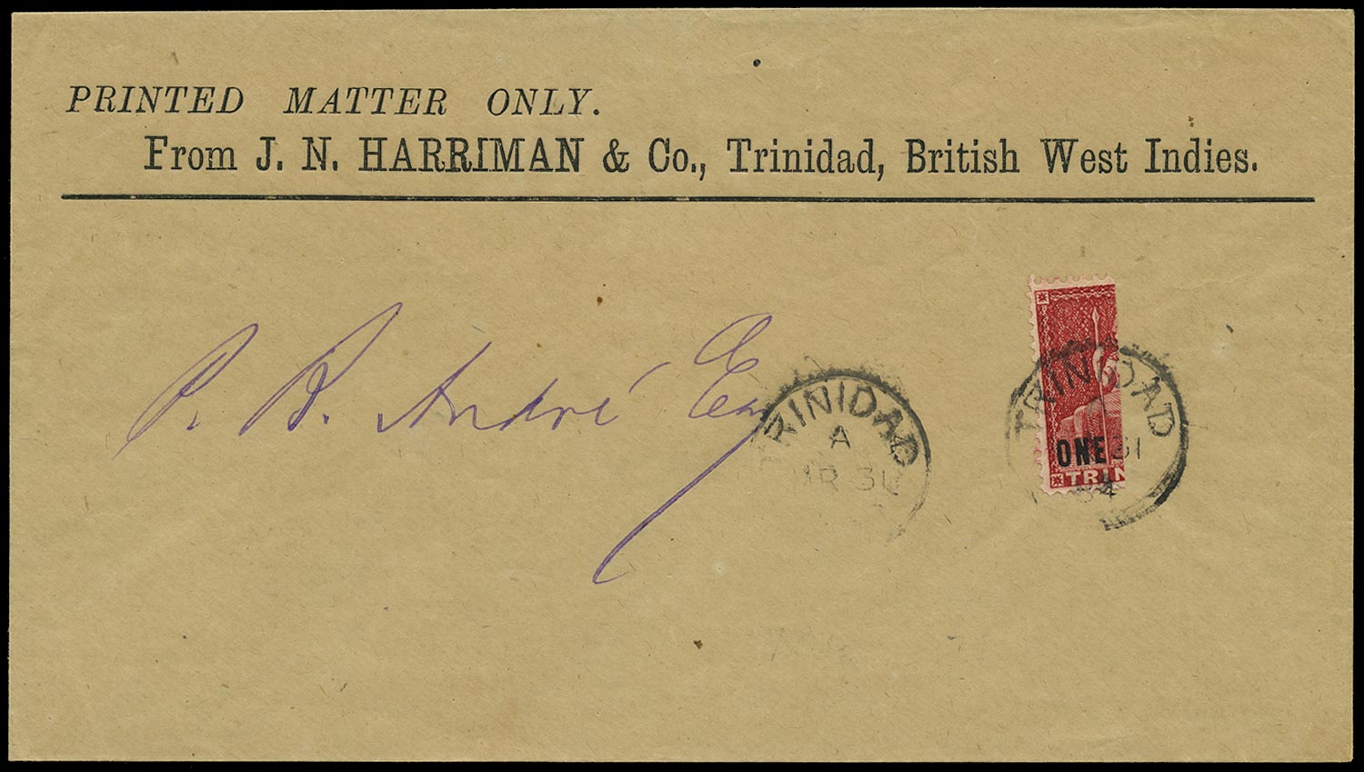 TRINIDAD 1882  SG101a Cover with 1d rosy carmine vertical bisect