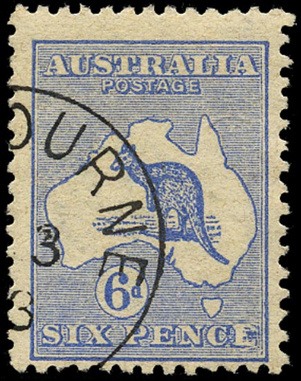 AUSTRALIA 1913  SG9a Used 6d ultramarine Kangaroo and Map variety Retouched 'E'
