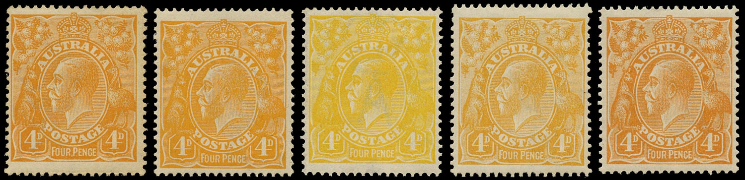 AUSTRALIA 1914  SG22/d Mint KGV 4d x5 shades wmk 5