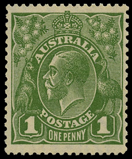 AUSTRALIA 1926  SG95bw Mint unmounted KGV 1d sage-green small multiple watermark perf 13&frac12;x12&frac12; die II variety watermark inverted