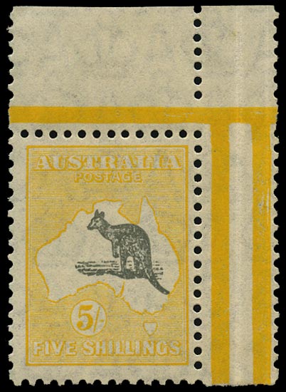 AUSTRALIA 1929  SG111 var Mint unmounted 5s grey and yellow Kangaroo and Map watermark 7 variety Elongated Spencer's Gulf