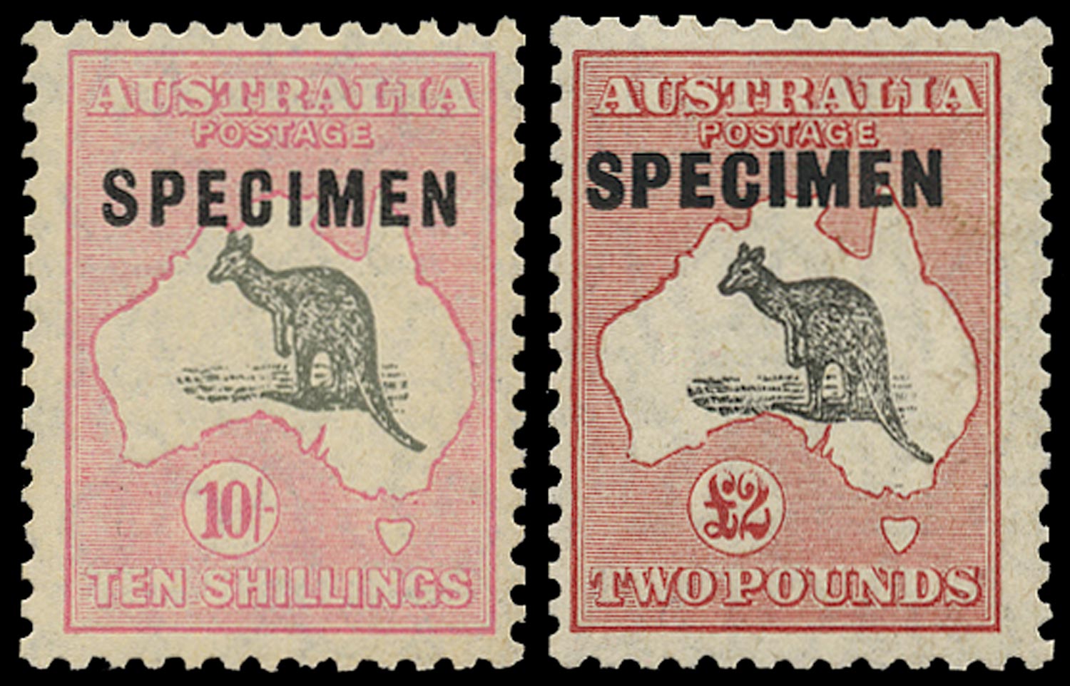 AUSTRALIA 1929  SG112s/14s Specimen 10s, £2 Kangaroo and Map small multiple watermark unmounted mint