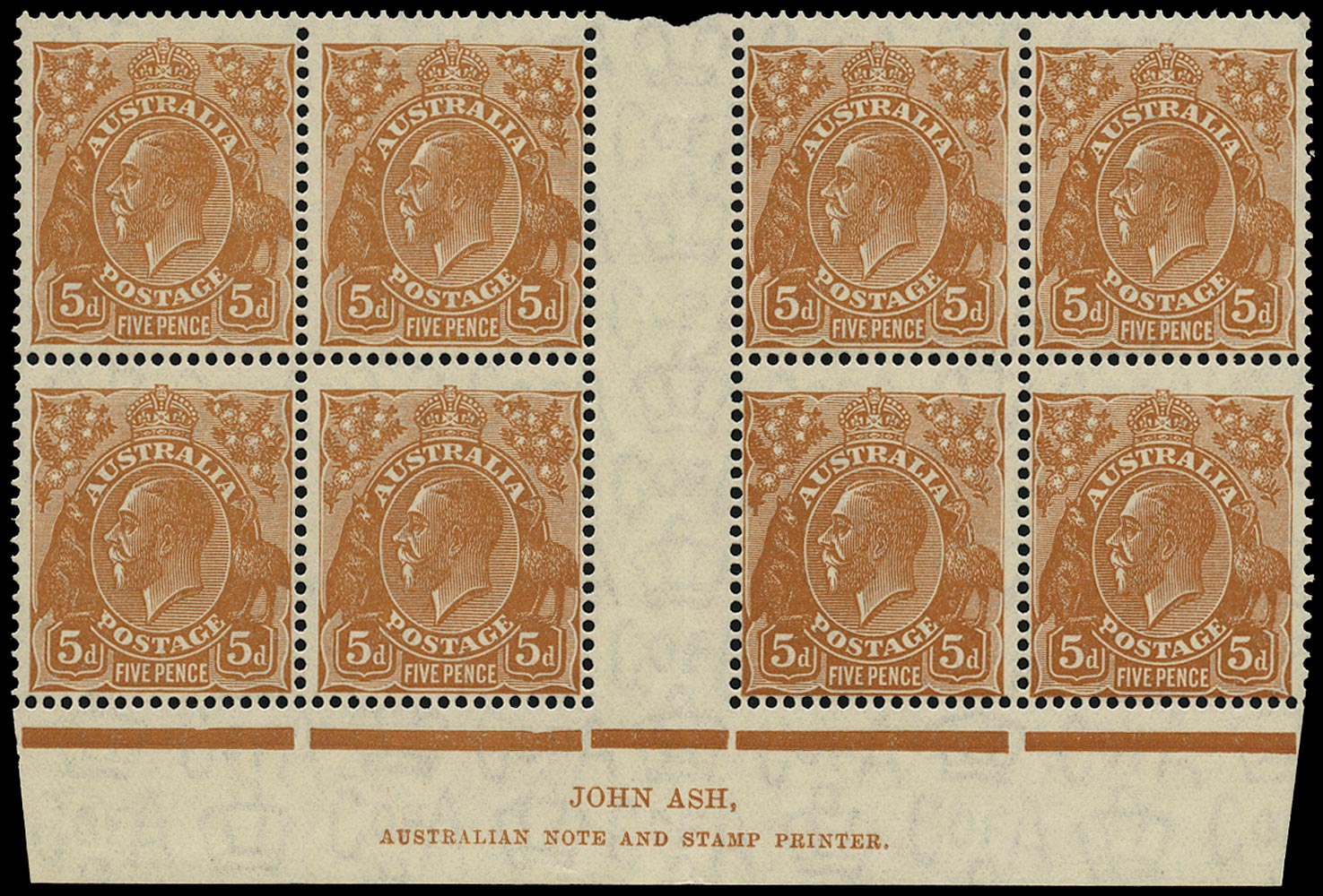 AUSTRALIA 1931  SG130 var Mint KGV 5d orange-brown watermark C of A imprint block