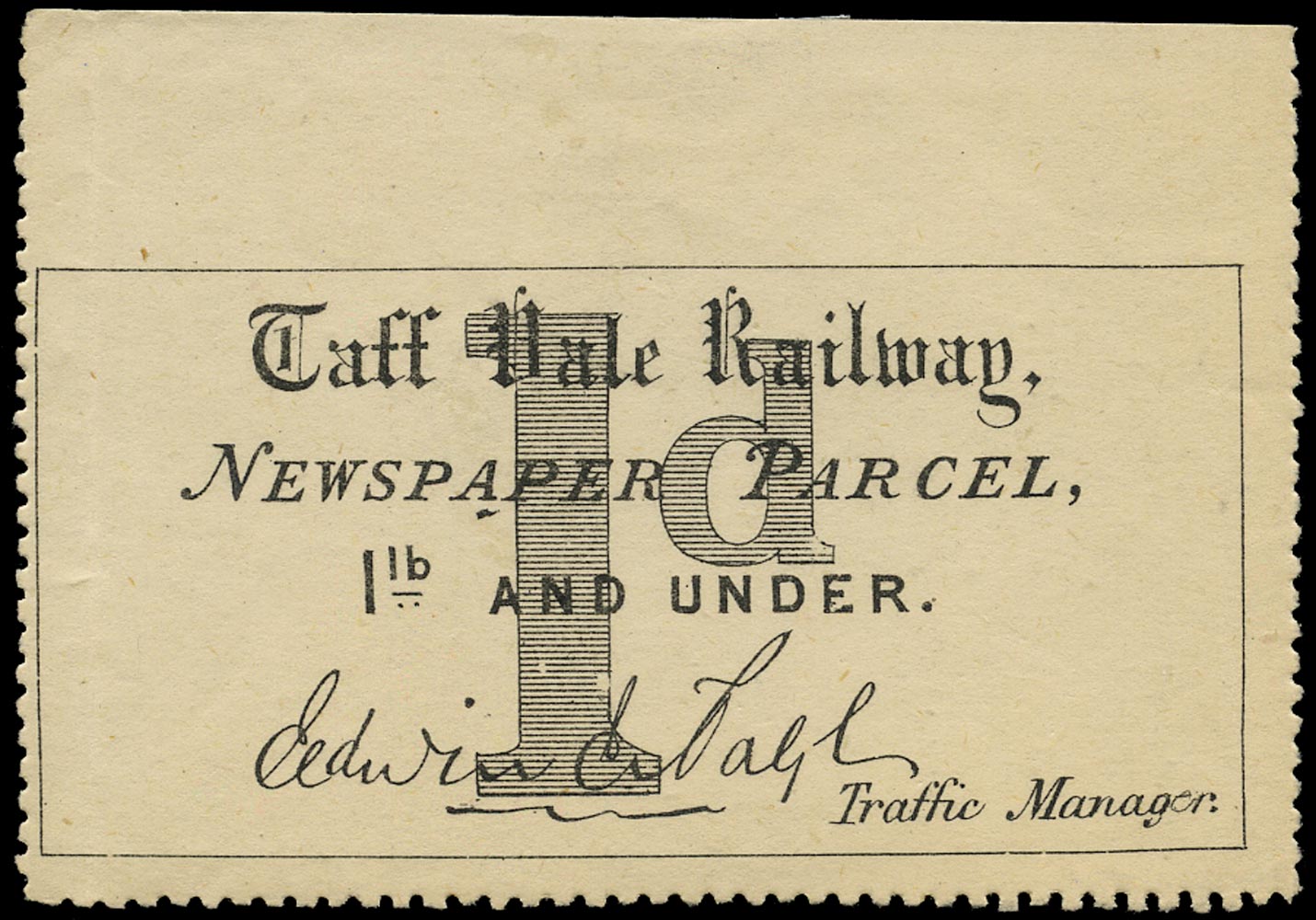 GB 1865 Railway - Taff Vale Railway Newspaper Parcel label