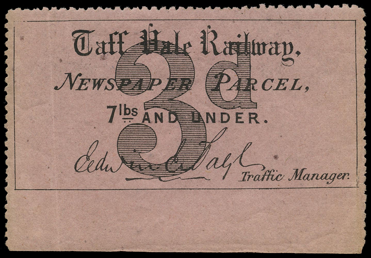 GB 1865 Railway - Taff Vale Railway Newspaper Parcel label