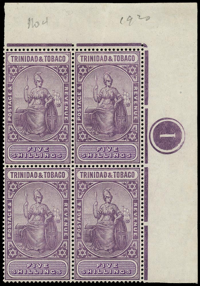 TRINIDAD & TOBAGO 1913  SG155b Mint unmounted 5s lilac and violet watermark MCA