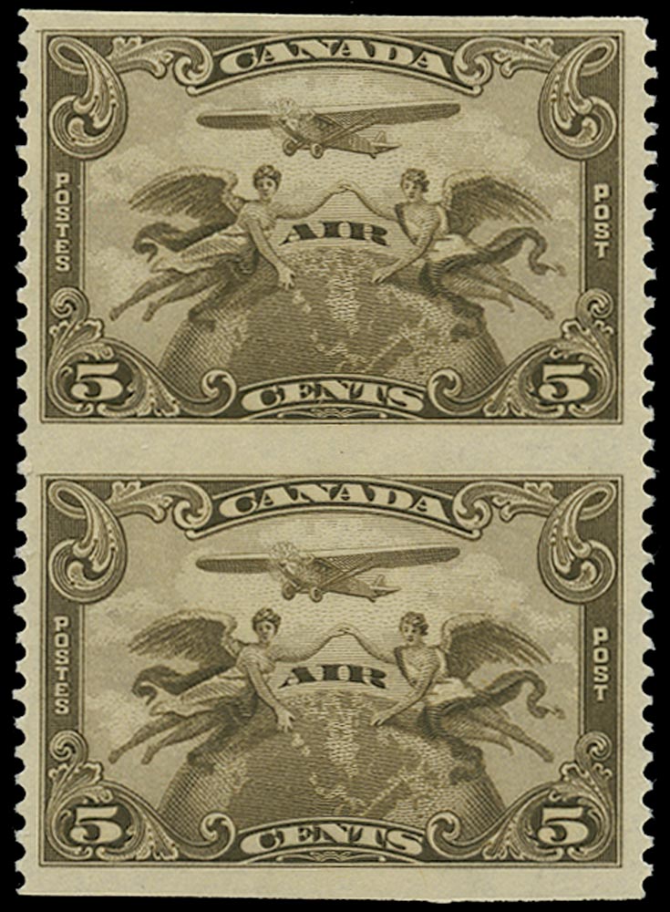 CANADA 1928  SG274 Proof Air 5c olive-brown vertical pair imperforate horizontally unmounted mint